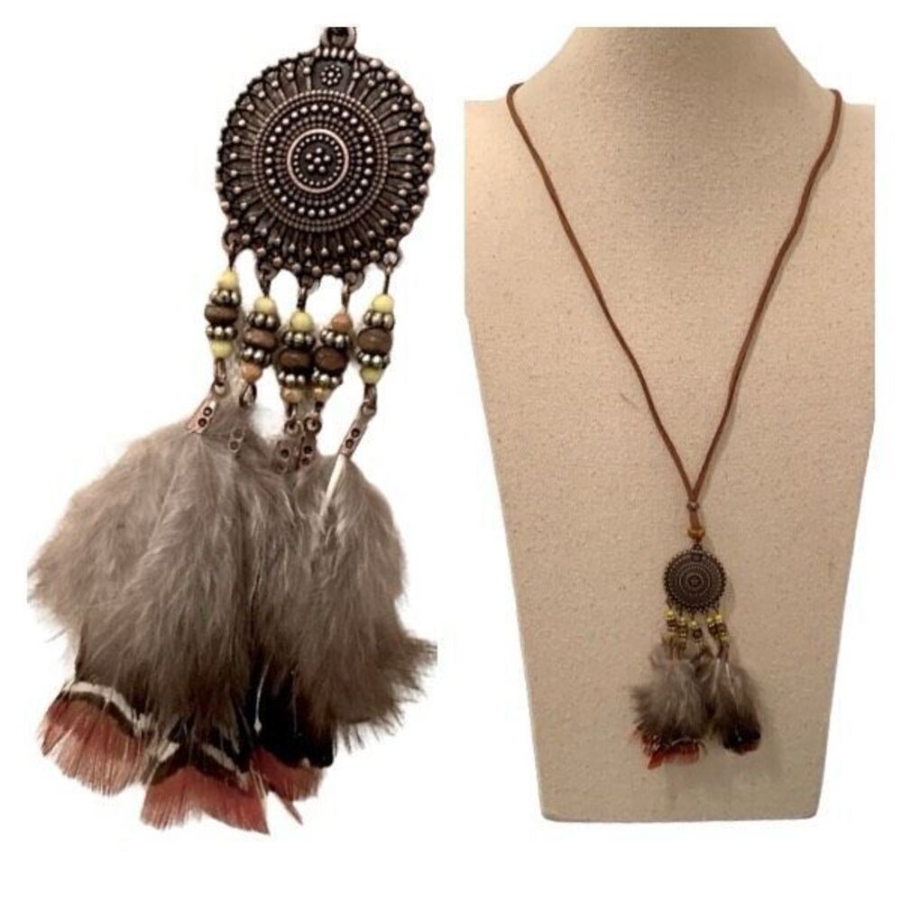 Kai Feather and Tassel Beaded Long Pendant Necklace - Ethnic Tribal Statement